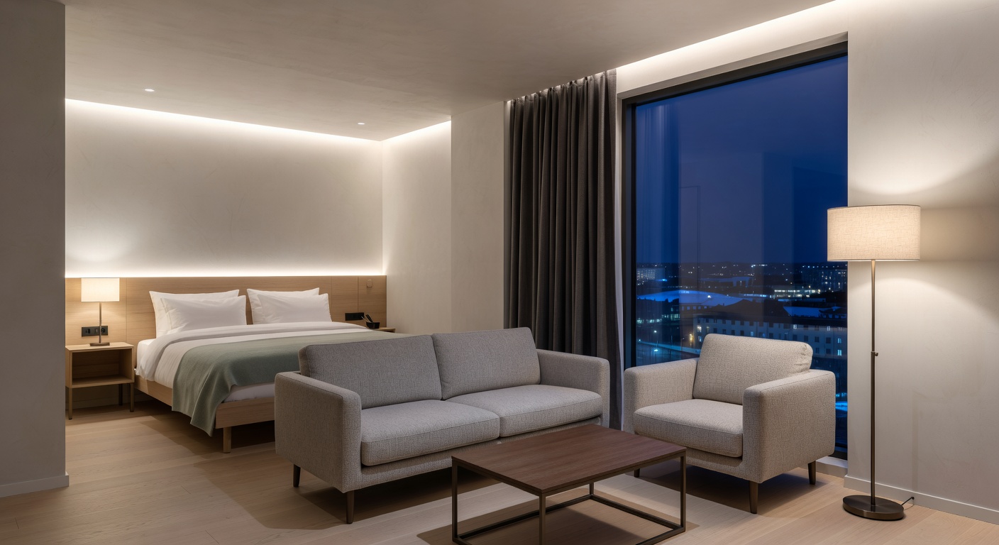 Modern Nordic luxury hotel room interior at night