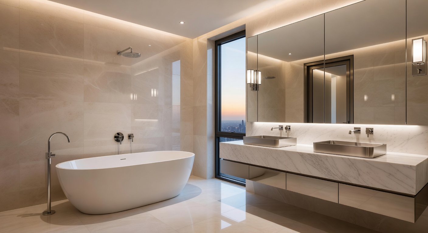Spacious luxury hotel bathroom with modern fixtures